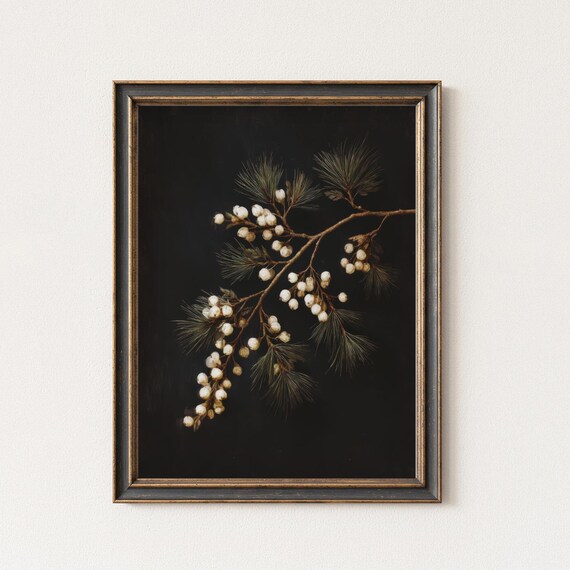 Christmas Botanical Wall Art Rustic Pine Branch Print Moody White Berry Painting Farmhouse Winter Vintage Dark Holiday Decor
