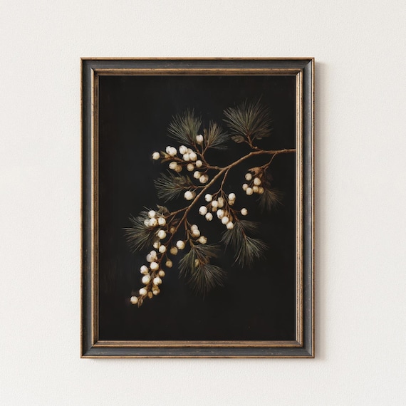 White Berry Pine Branch Black Moody Botanical Fine Art Poster