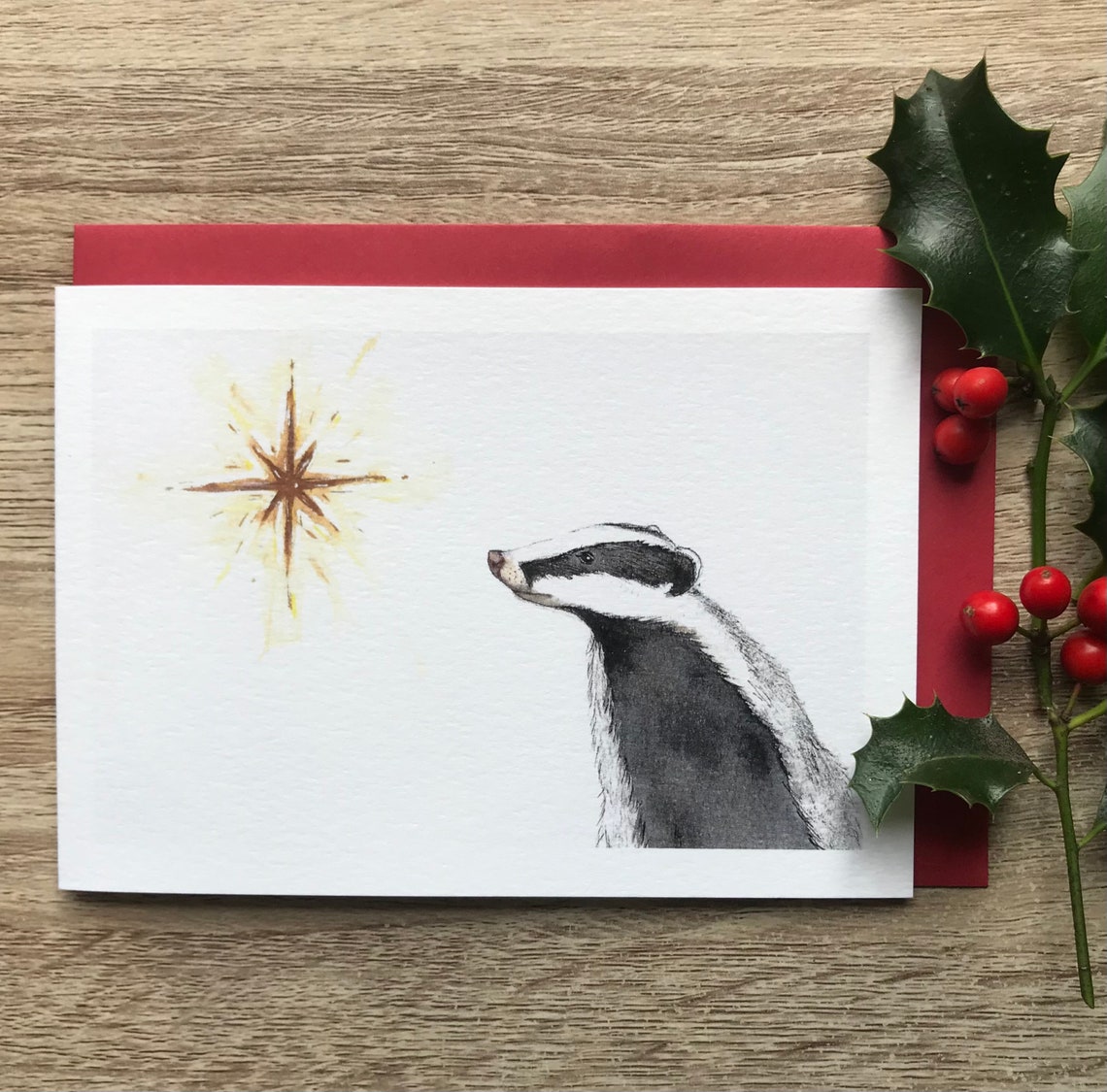 Badger Star Christmas Card Art Print