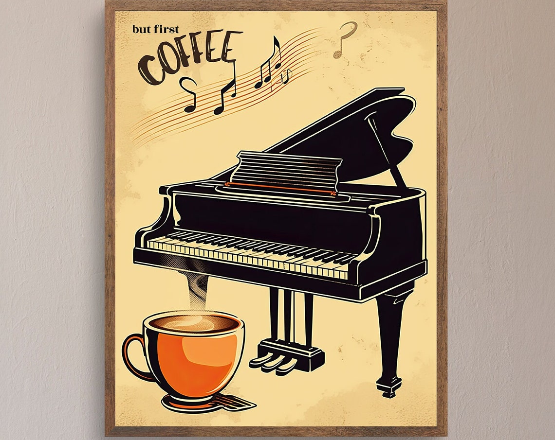 But First Coffee Grand Piano Musical Notes Vintage Kitchen Poster - Image 7