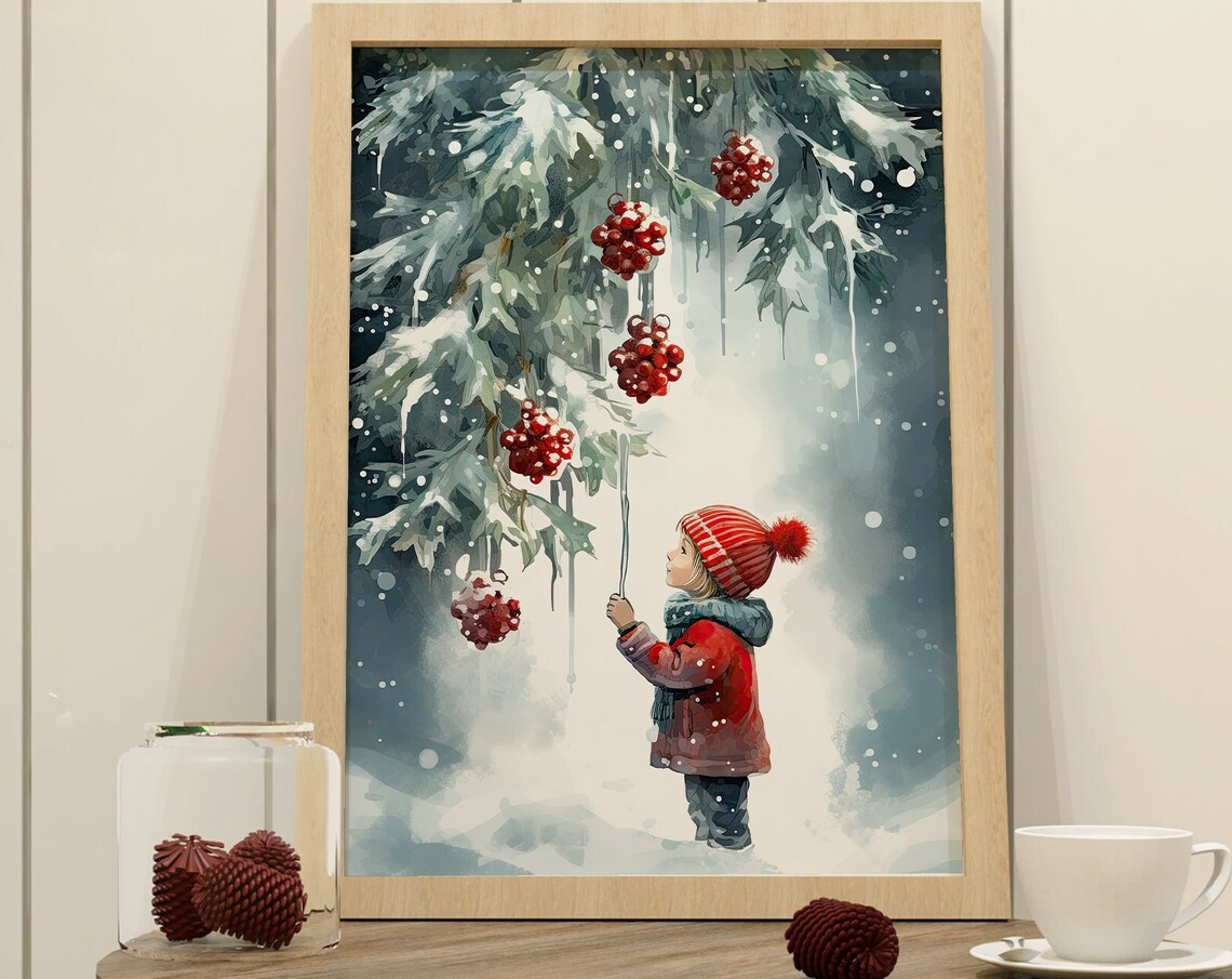 Snowy Winter Child Hanging Red Berry Ornaments Christmas Poster - Image 7
