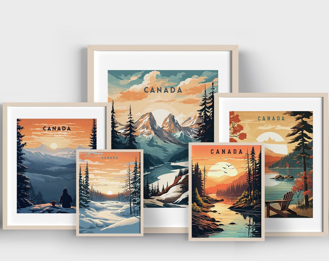 Canada Travel Poster Set of 5 Mountains Lakes Winter Scenes Art