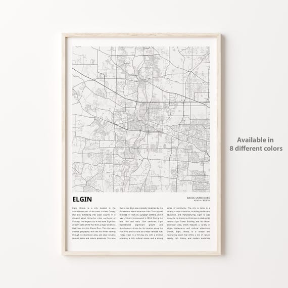 Elgin Map Print Travel Wall Decor Art Illinois Housewarming Gift