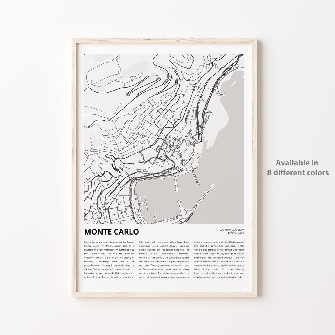 Monte Carlo City Monaco Minimalist Street Map Travel Wall Art