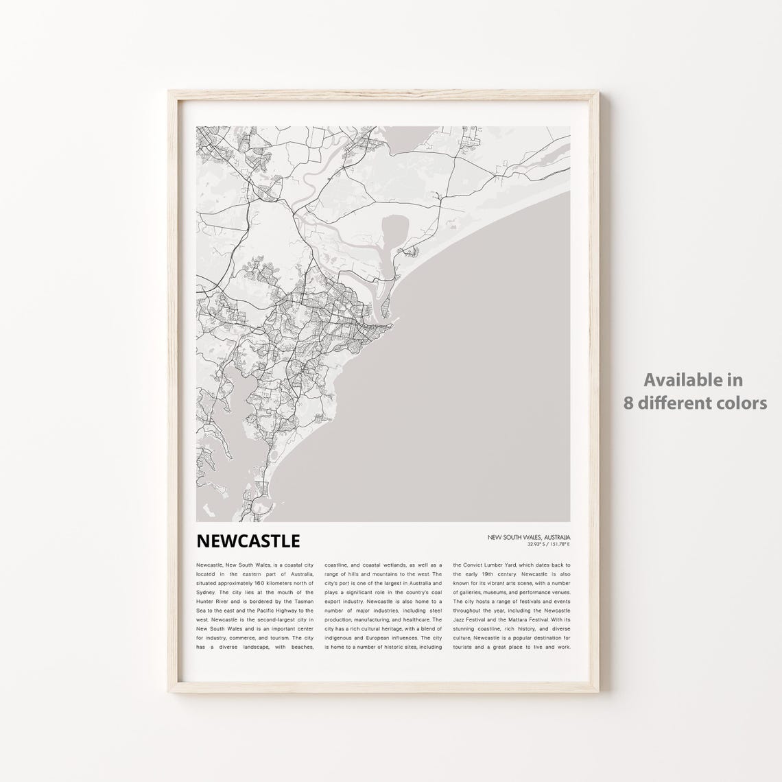 Newcastle Map Print Travel Wall Decor Art New South Wales Housewarming Gift