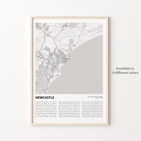 Newcastle Map Print Travel Wall Decor Art New South Wales Housewarming Gift