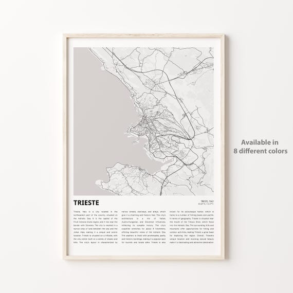 Trieste Italy Monochrome City Street Map with City History Text Print