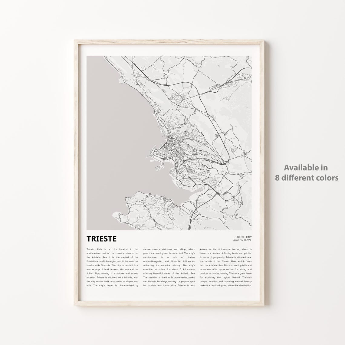 Trieste Italy Monochrome City Street Map with City History Text Print
