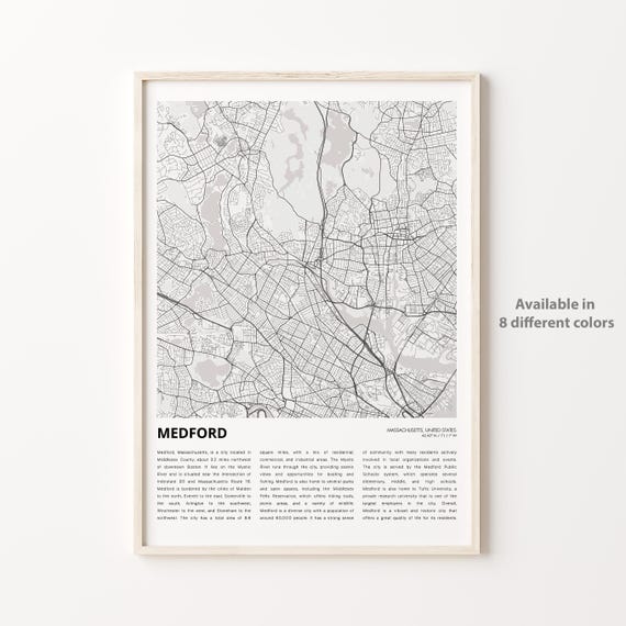 Medford Map Print Travel Wall Decor Art Massachusetts Housewarming Gift