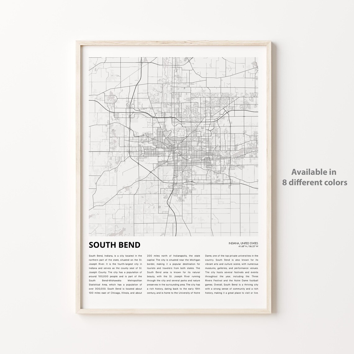 South Bend Indiana City Street Map Minimalist Urban Line Print