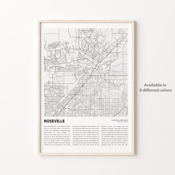 Roseville California City Street Map Poster Travel Gift Art Decor