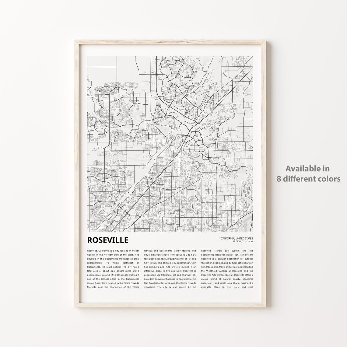 Roseville California City Street Map Poster Travel Gift Art Decor