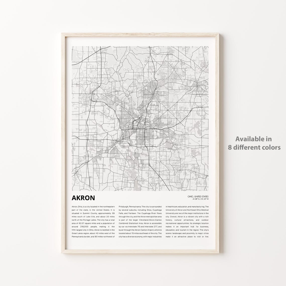 Akron Ohio Monochrome City Street Map Minimalist Travel Poster