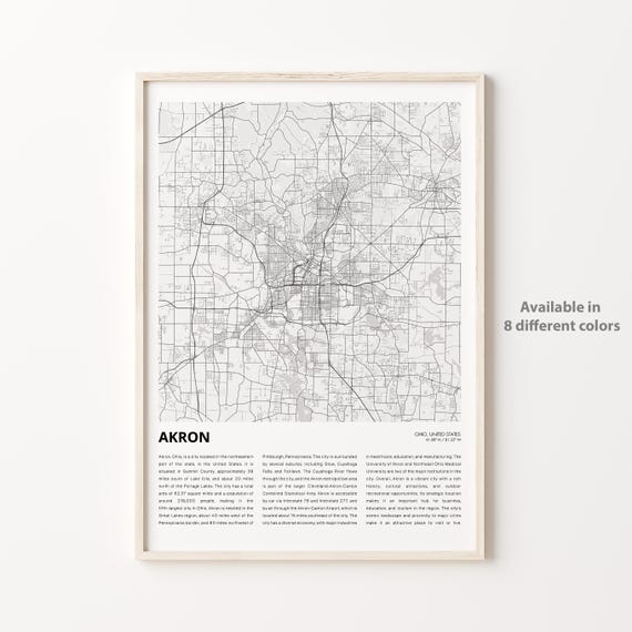 Akron Map Print Travel Wall Decor Art Ohio Housewarming Gift Poster