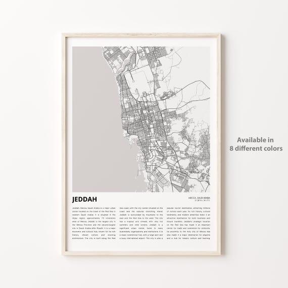 Jeddah Map Print Travel Wall Decor Art Mecca Housewarming Gift