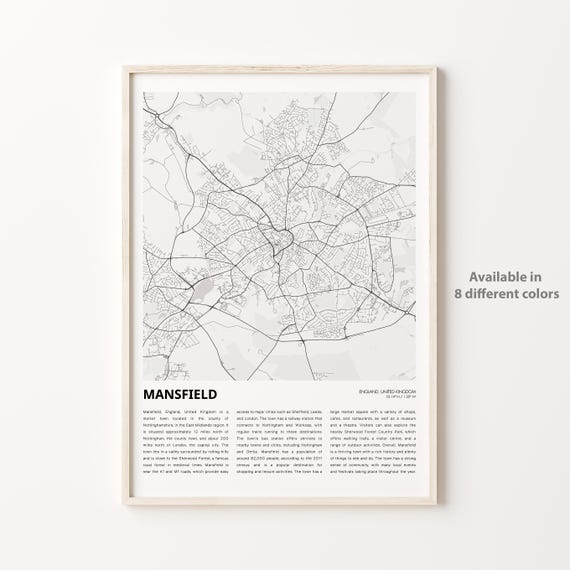Mansfield Map Print Travel Wall Decor Art England Housewarming Gift