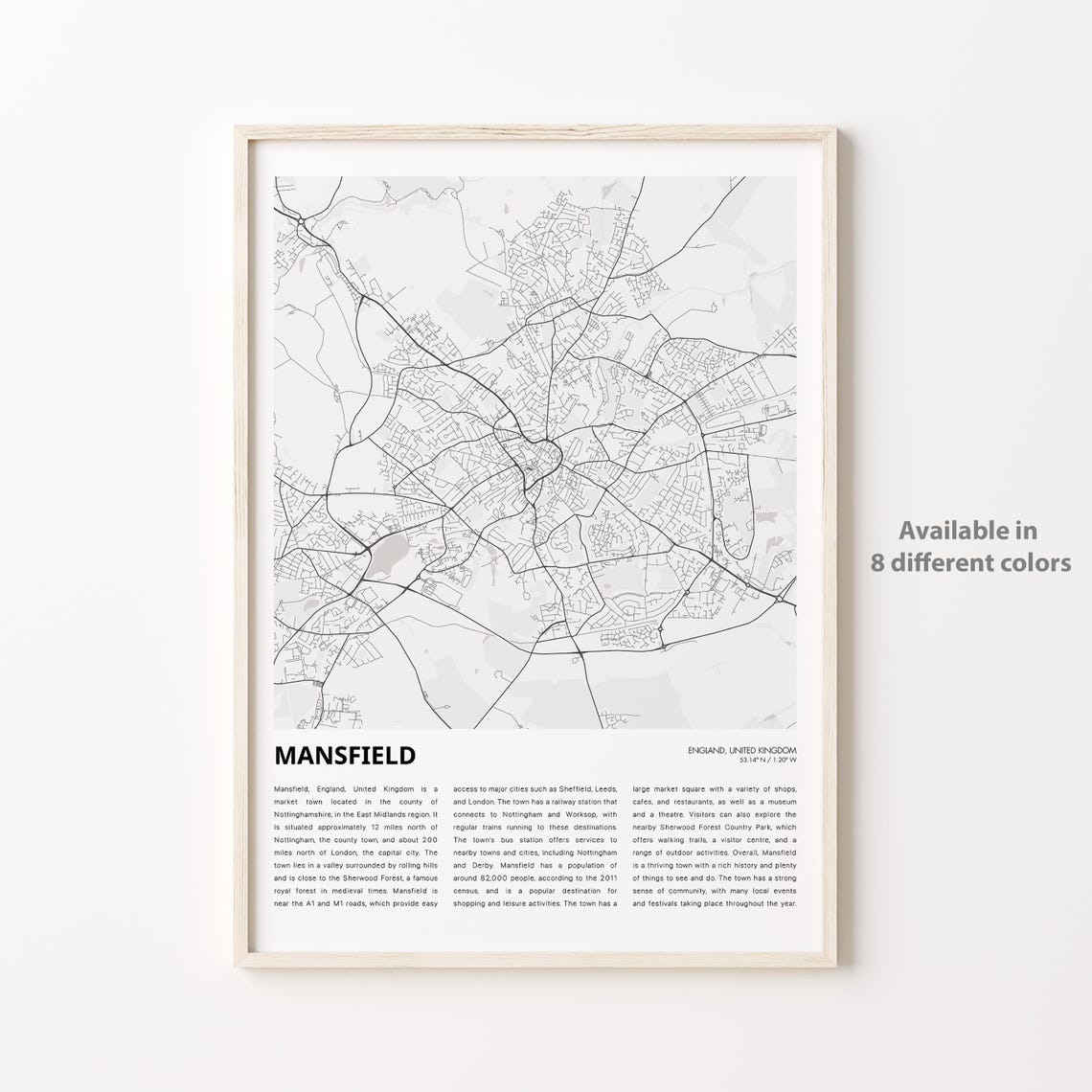 Mansfield Map Print Travel Wall Decor Art England Housewarming Gift