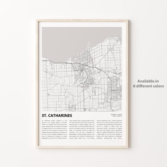 St. Catharines Ontario Monochrome City Street Map History Print
