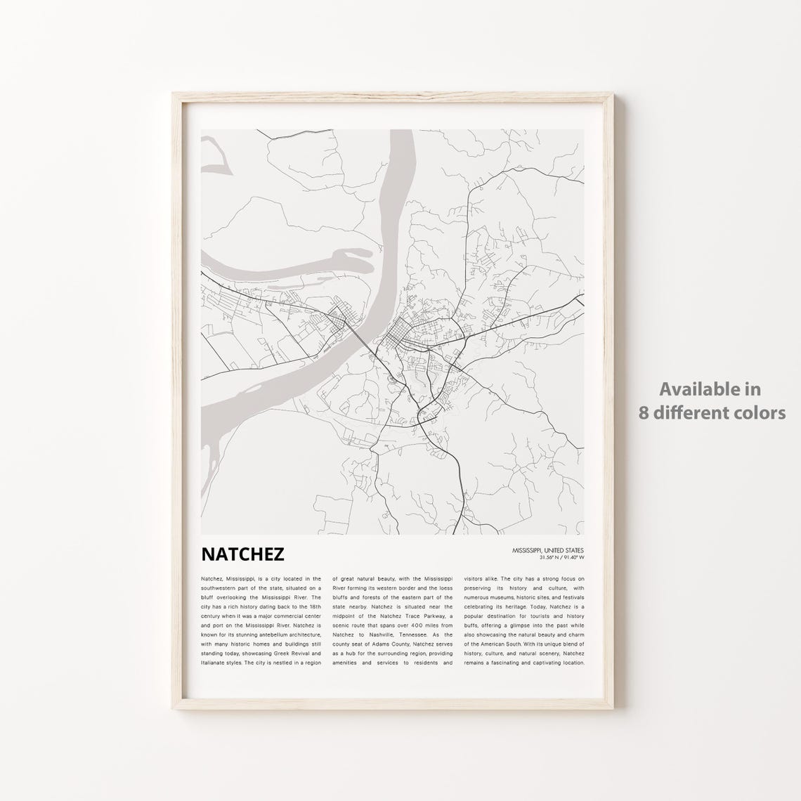 Natchez Mississippi City Map Poster Modern Minimalist Travel Decor