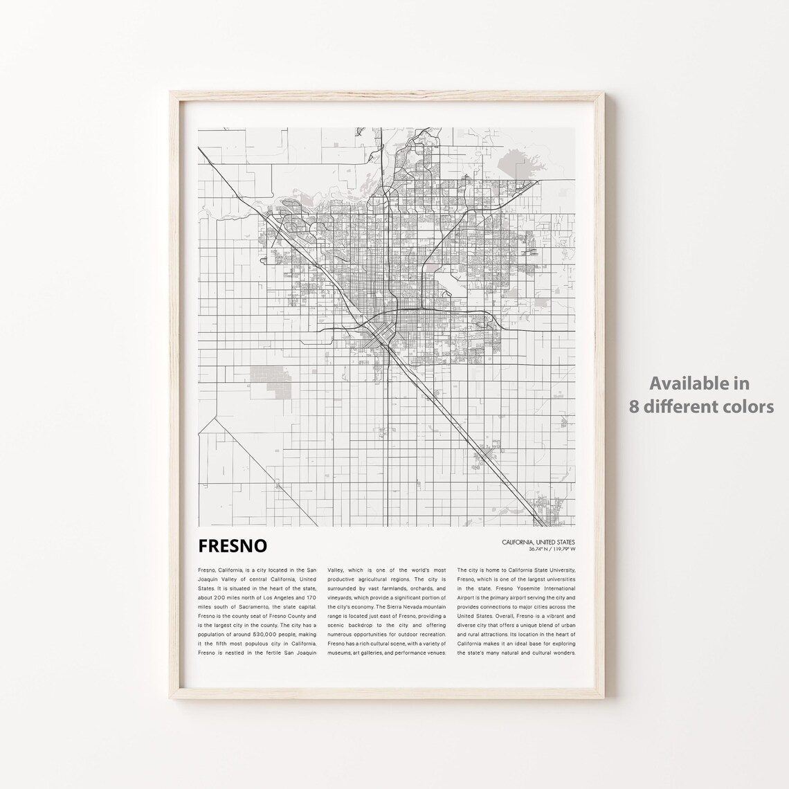 Fresno California Central Valley City Street Map Travel Poster