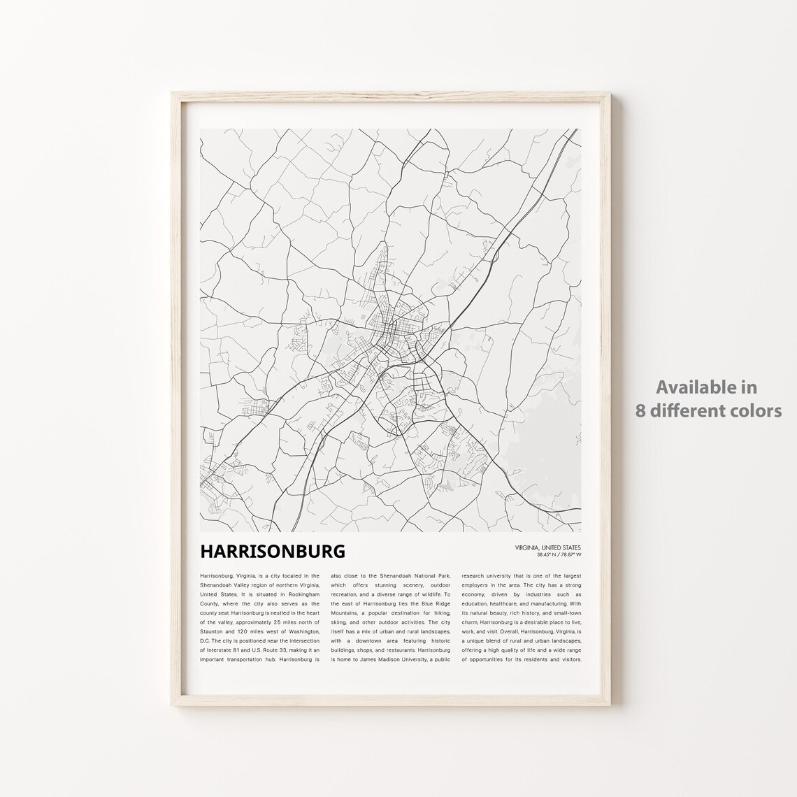 Harrisonburg Virginia City Street Map Minimalist Travel Poster