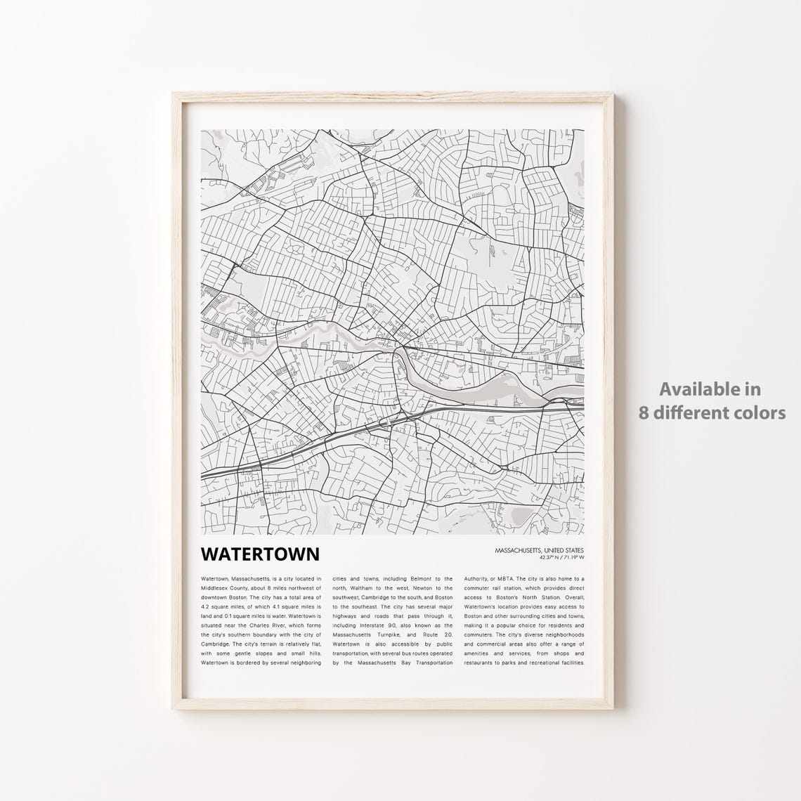Watertown Map Print Travel Wall Decor Art Massachusetts Housewarming Gift