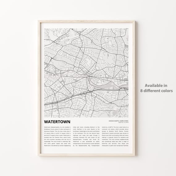 Watertown Map Print Travel Wall Decor Art Massachusetts Housewarming Gift