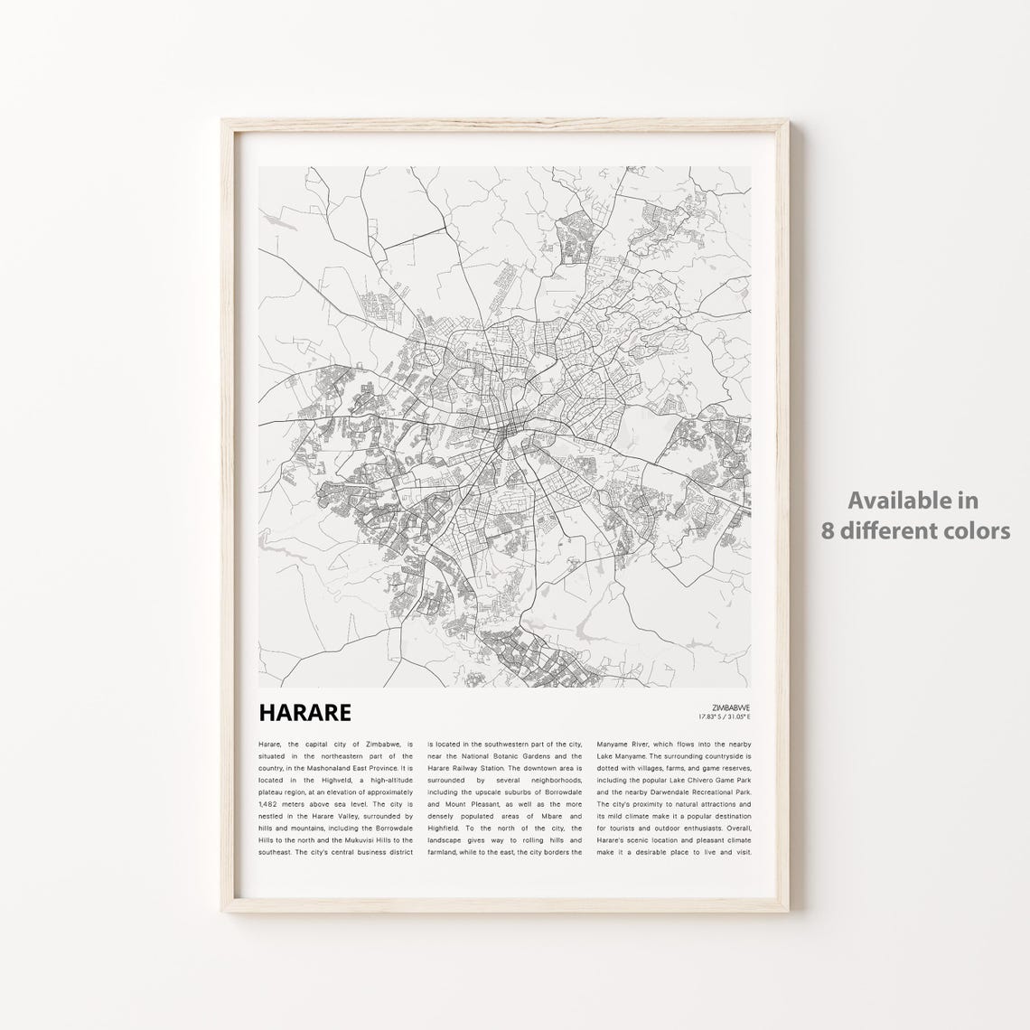 Harare Map Print Travel Wall Decor Art Housewarming Gift