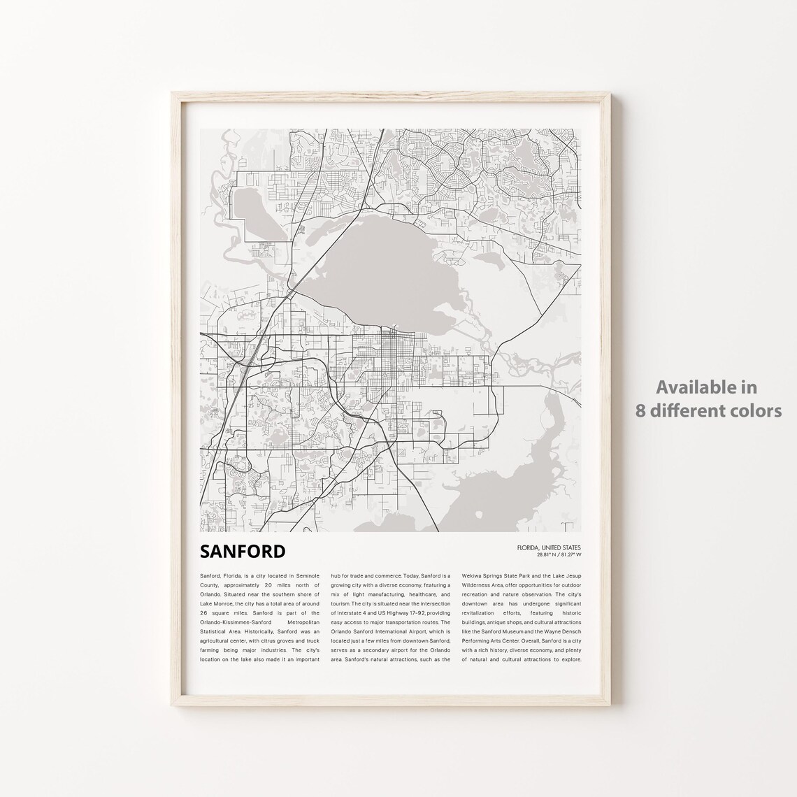 Sanford Florida Minimalist Lake City Map Monochrome Travel Poster