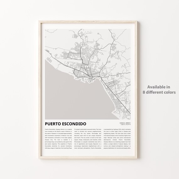 Puerto Escondido Mexico Map Coastal Beach City Travel Wall Poster