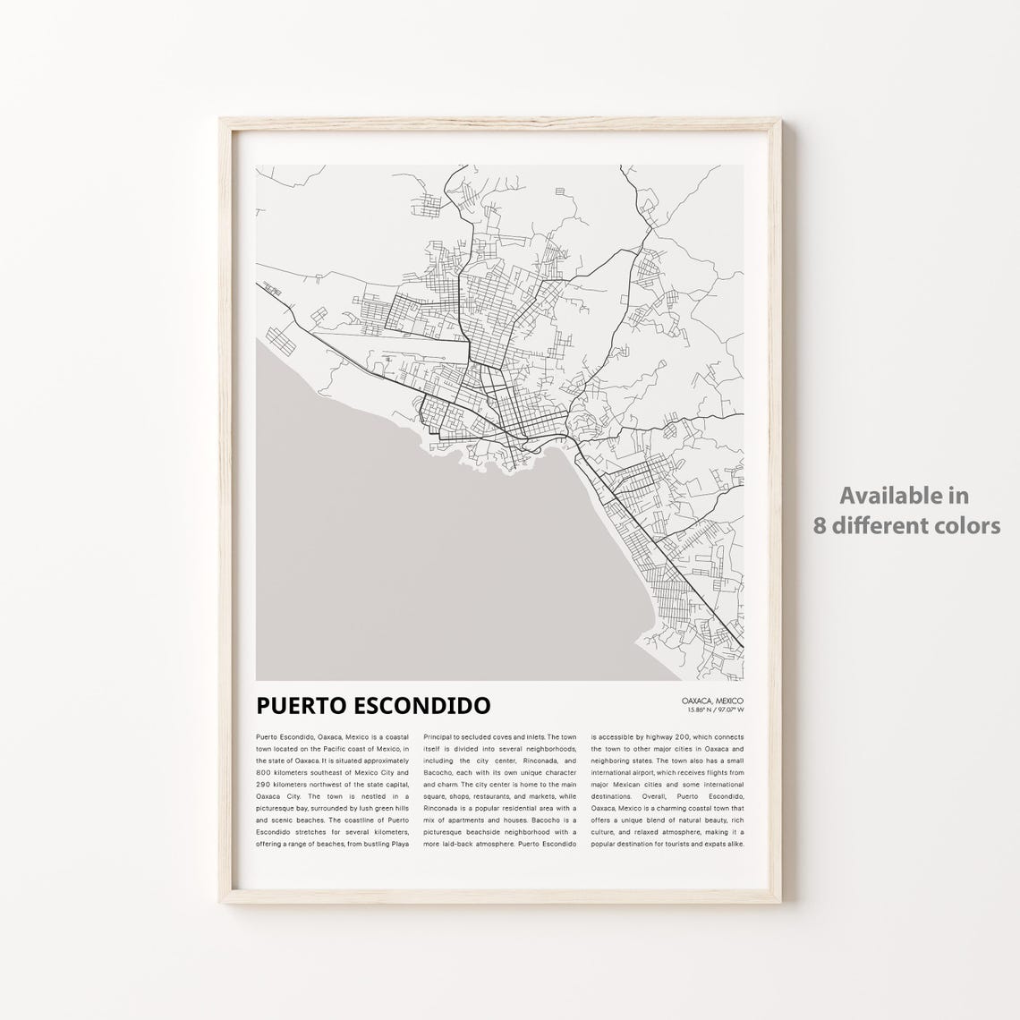 Puerto Escondido Mexico Map Coastal Beach City Travel Wall Poster