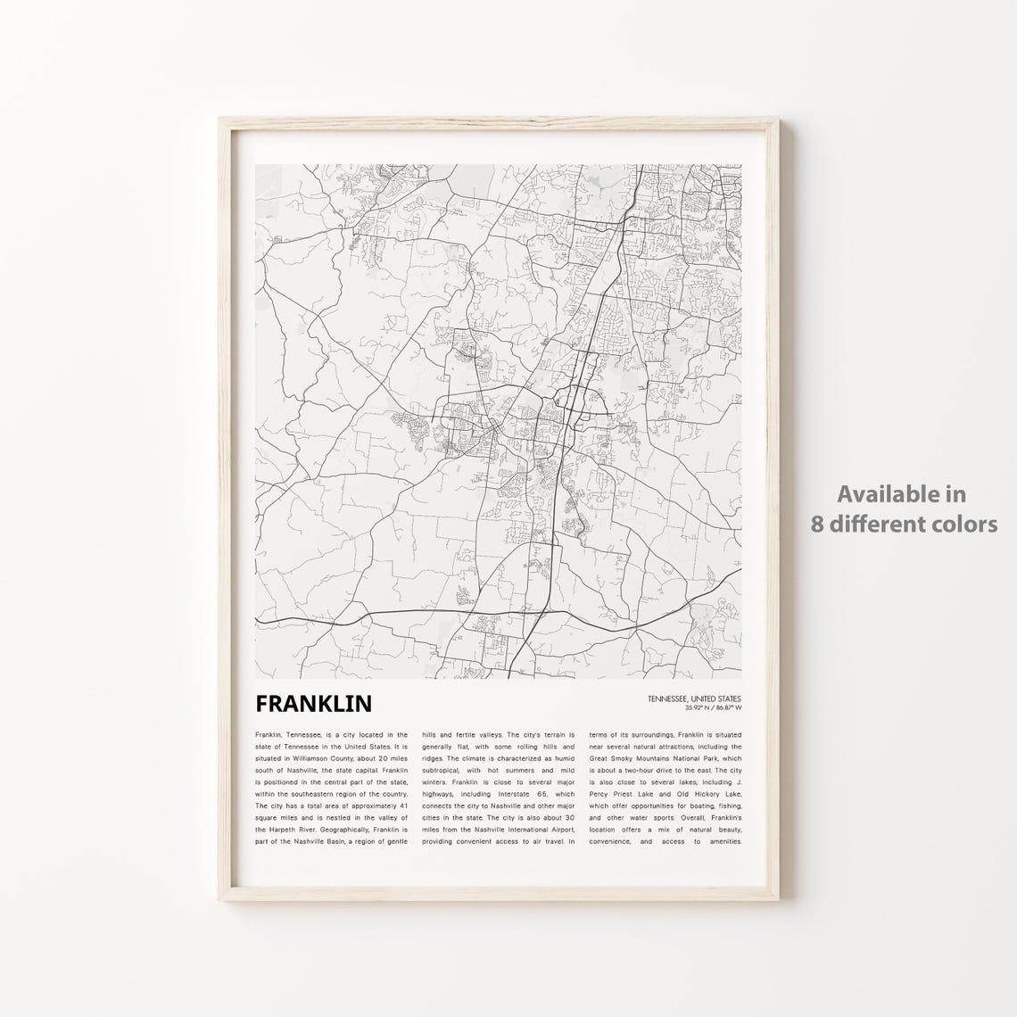 Franklin Tennessee Minimalist City Street Map Line Art Travel Poster