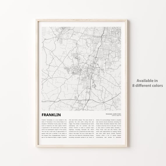 Franklin Map Print Travel Wall Decor Art Tennessee Housewarming Gift