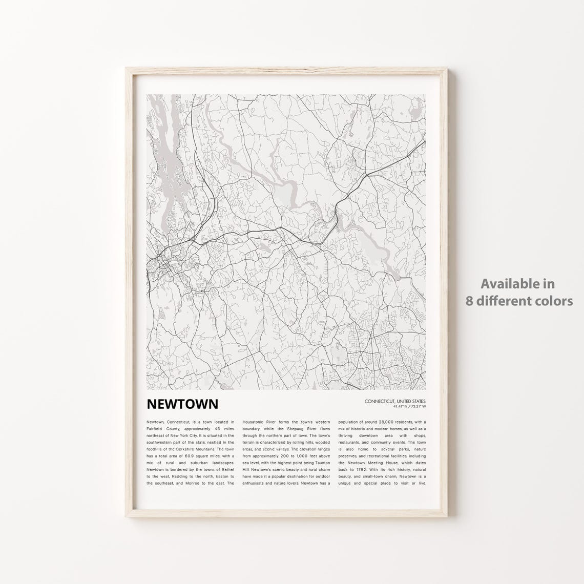Newtown Connecticut Minimalist City Street Map Travel Poster