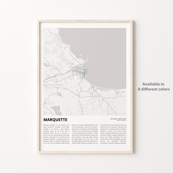 Marquette Michigan Minimalist City Street Map Travel Poster Gift