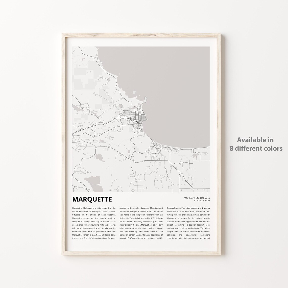Marquette Michigan Minimalist City Street Map Travel Poster Gift