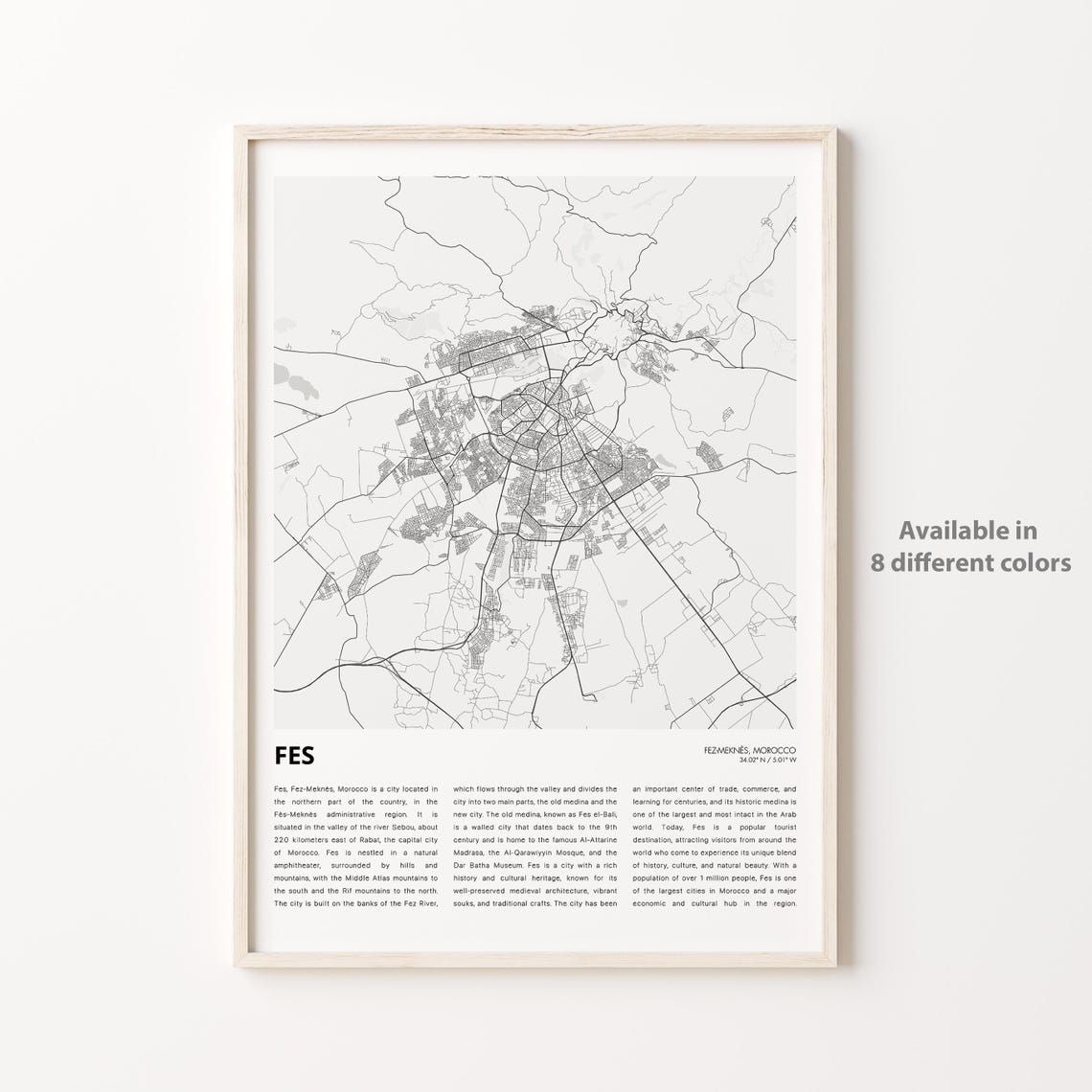 Fes Map Print Travel Wall Decor Art Fezmekns Housewarming Gift