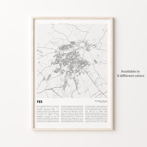 Fes Map Print Travel Wall Decor Art Fezmekns Housewarming Gift