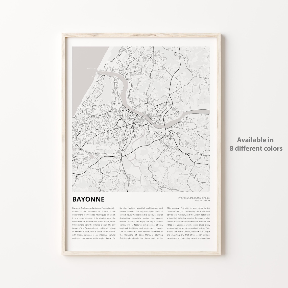 Bayonne France Pyrenees Atlantic Rivers Black White City Map Poster