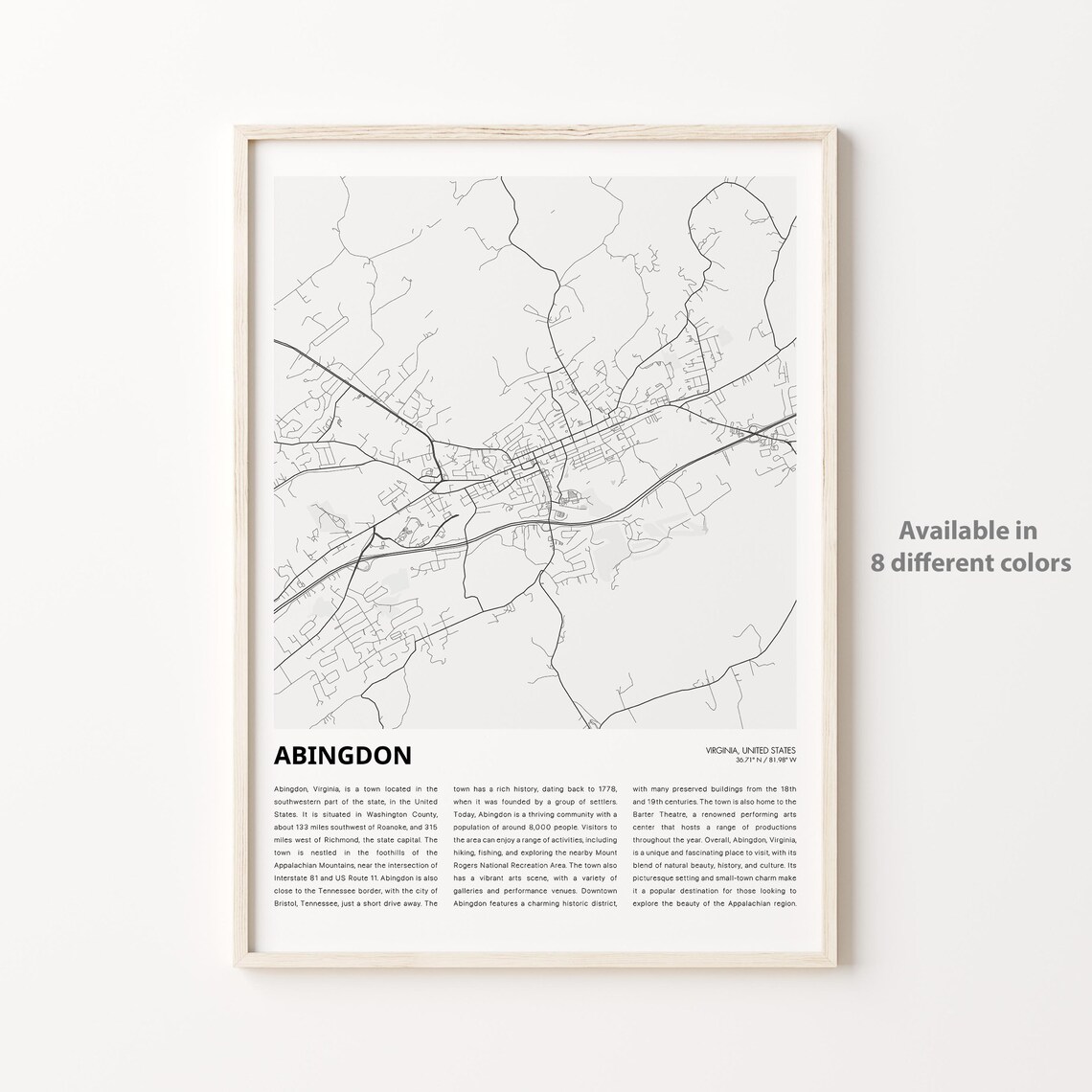 Abingdon Map, Virginia Housewarming Gift Poster