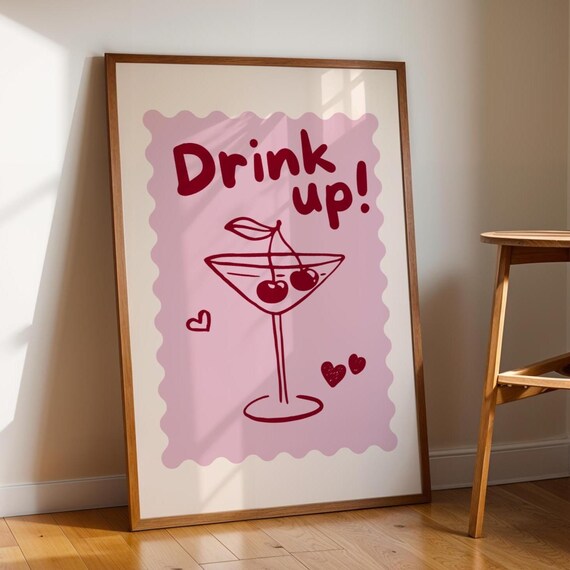 Drink Up Pink Martini Cocktail Cherry Retro Bar Cart Art Poster
