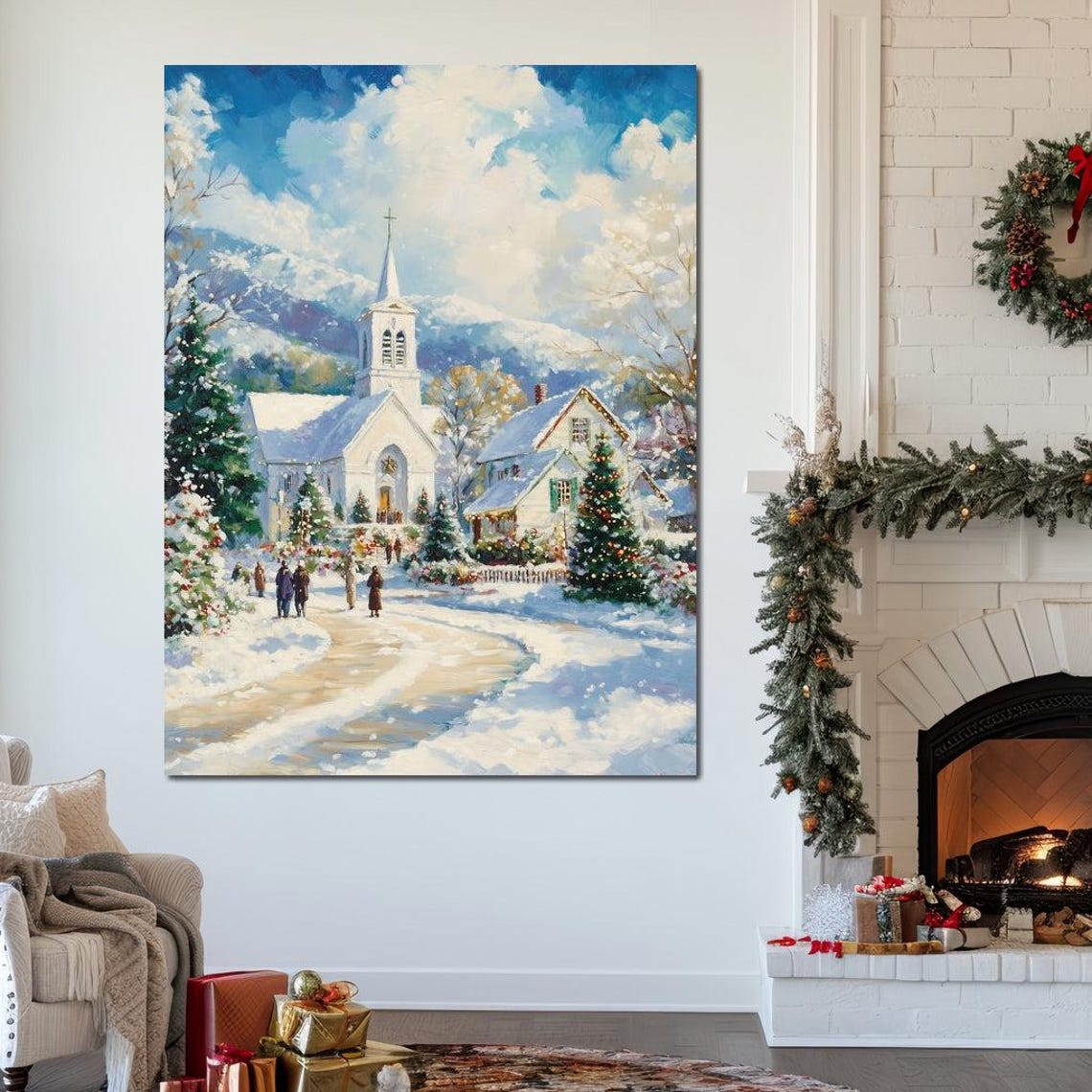 Snowy Village Chapel Christmas Scene Winter Village Gathering Poster - Image 3