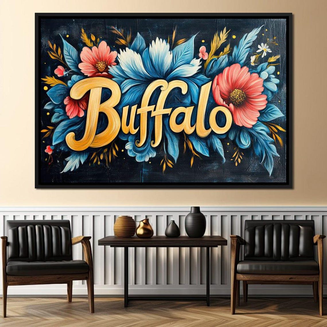 Buffalo Gold Script Blue Coral Floral Botanical Typography Art Poster - Image 3