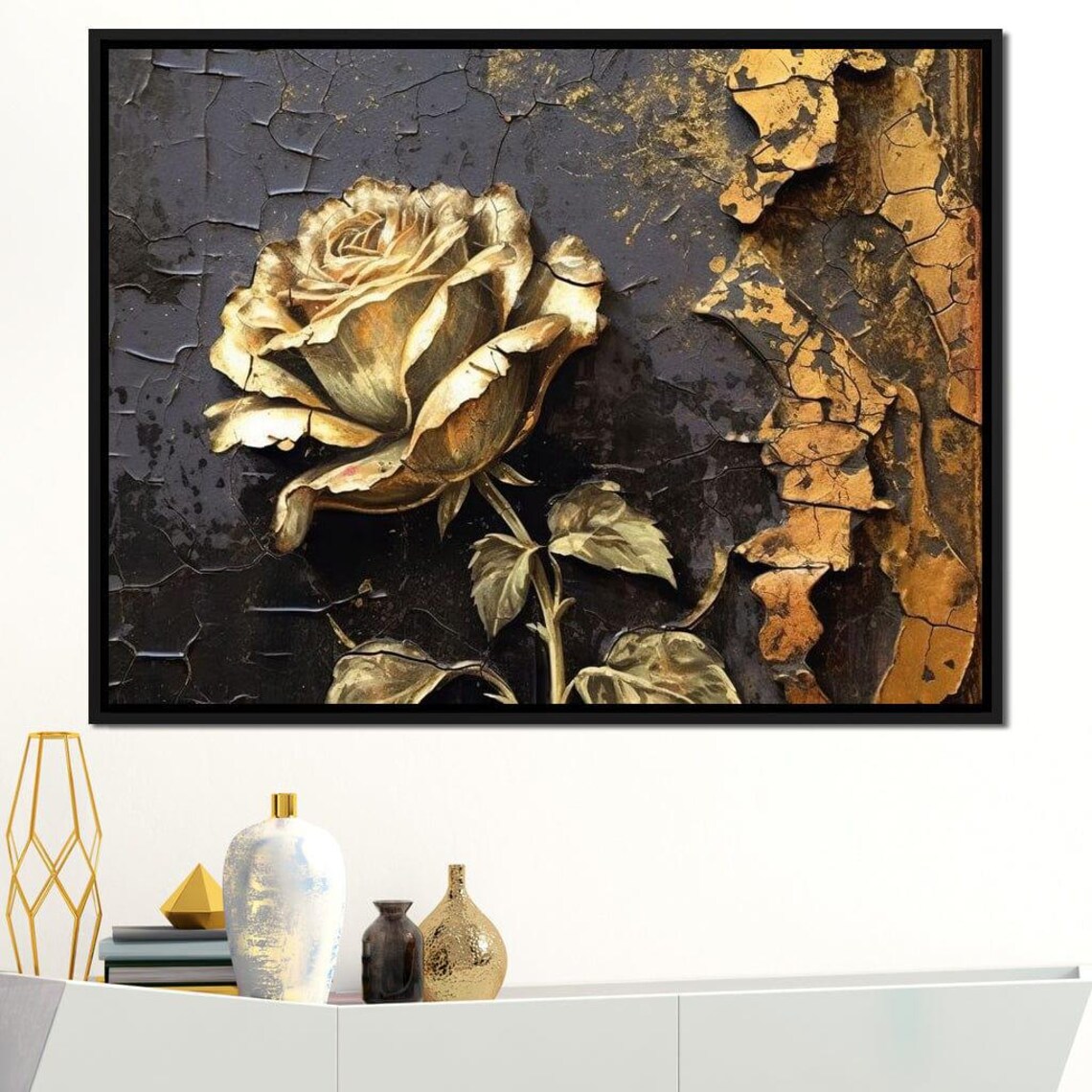 Golden Rose Cracked Black Gold Texture Vintage Botanical Print