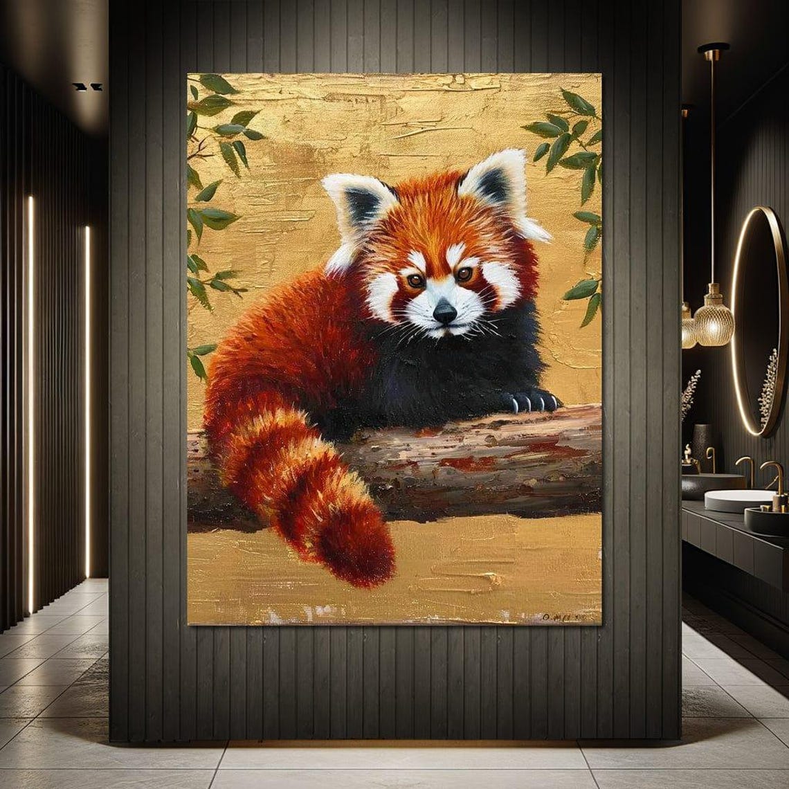 Red Panda Resting On Branch Golden Background Wildlife Art Print - Image 3