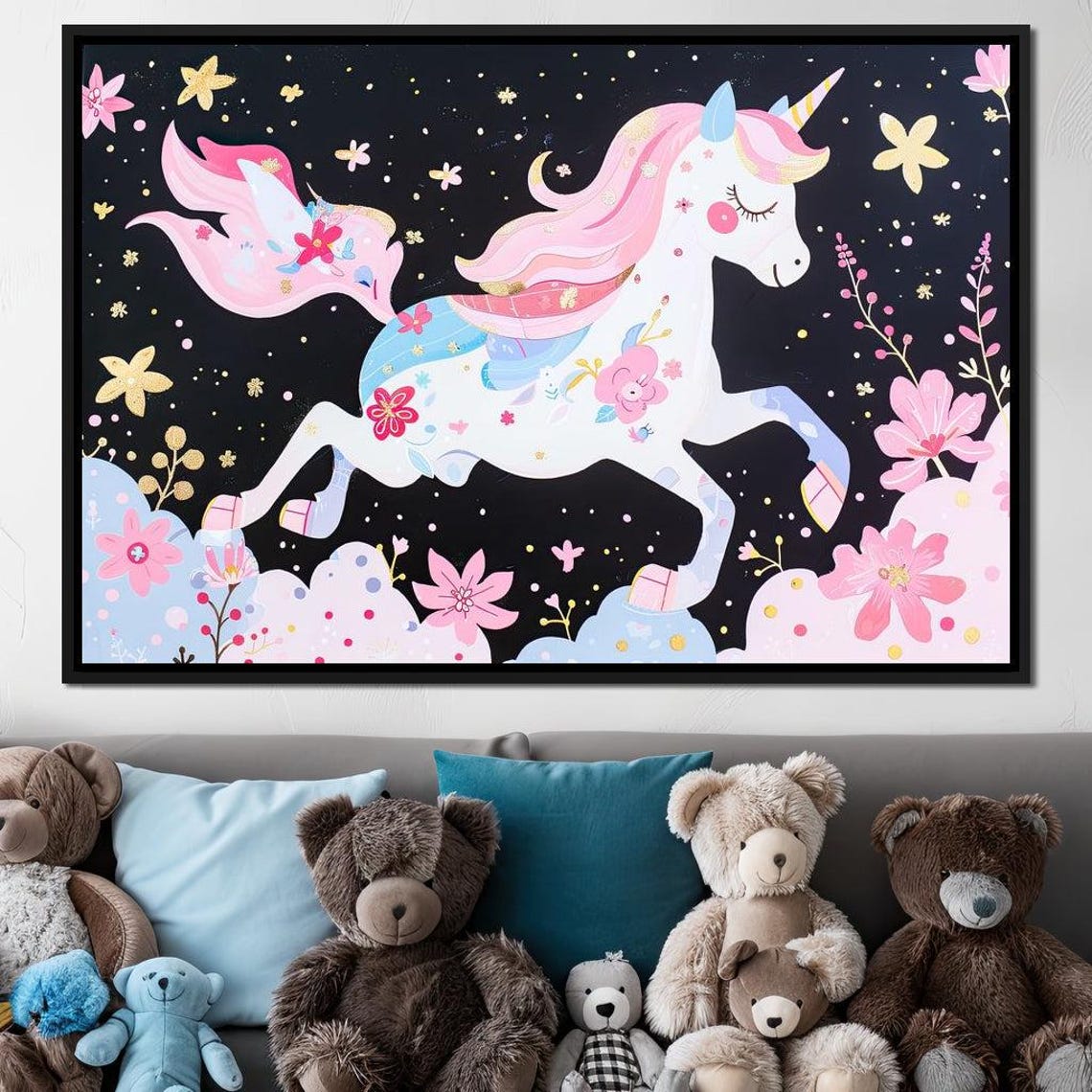 Pink Mane Unicorn Galloping Among Blossoms Floral Fantasy Poster - Image 4