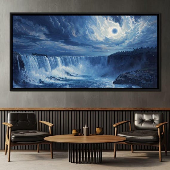 Lunar Cascade Serenity Moonlit Waterfall Scene Tranquil Lunar Art Ethereal Wall Decor Night Sky Landscape By Nichecanvas