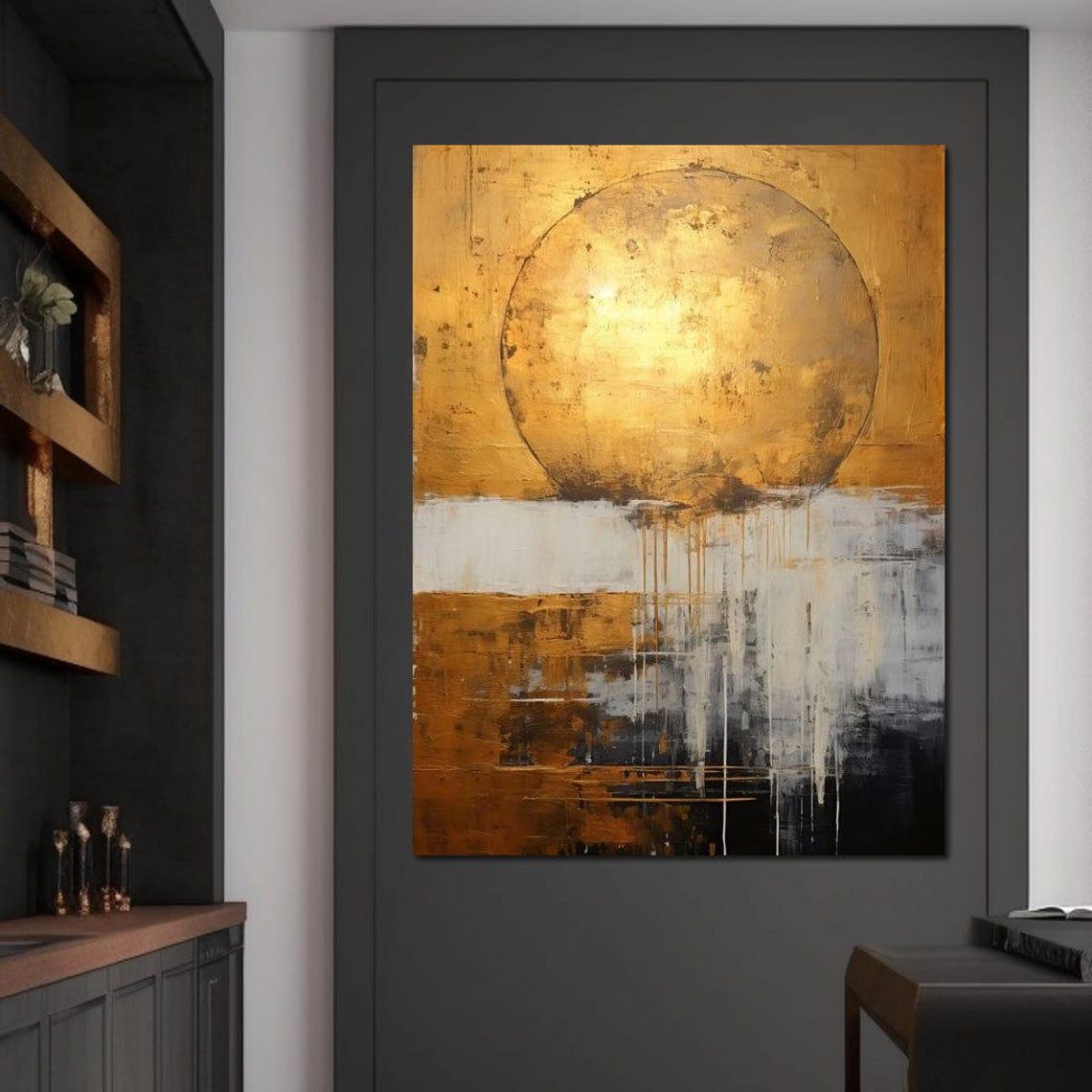 Gold Sun Circle Grey Black Drip Modern Abstract Wall Art Poster - Image 4