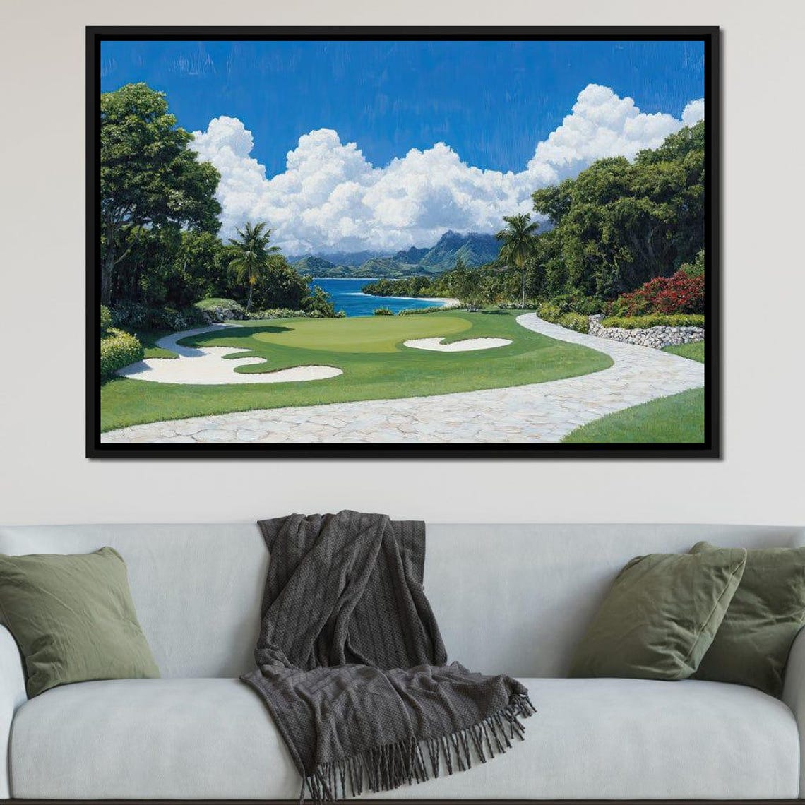 Lush Tropical Golf Course By The Ocean Under White Clouds Poster - Image 2