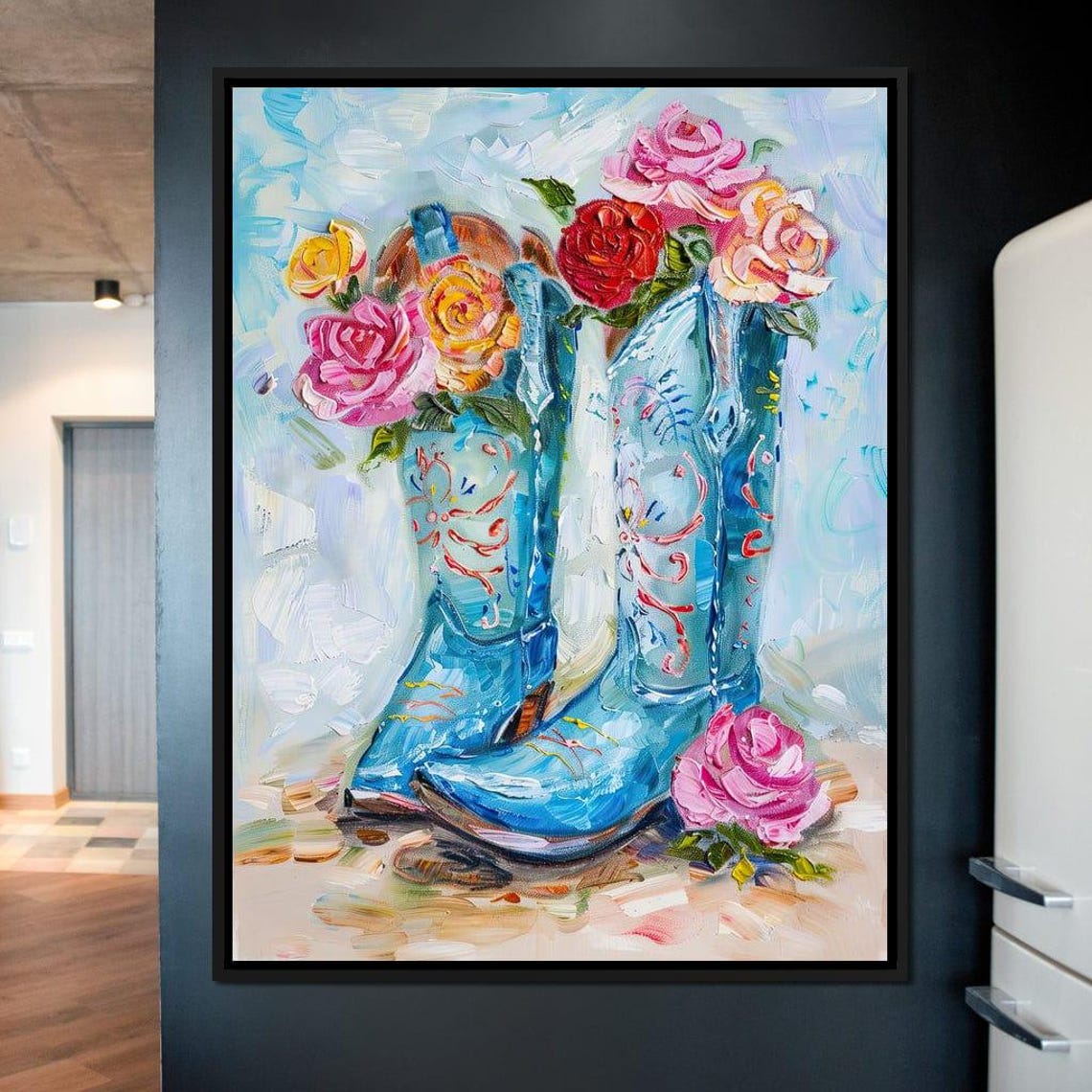 Blue Cowboy Boots Colorful Roses Floral Western Impressionist Wall Art - Image 3
